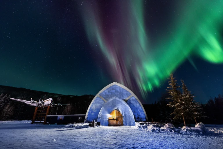 Aurora-lit Ice Museum at Chena Hot Springs Resort in winter